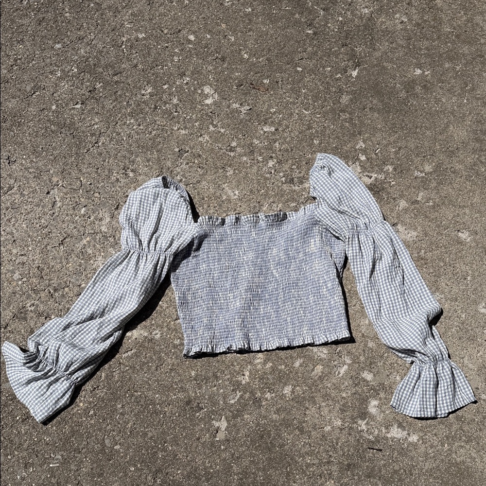 Urban Outfitters Dusty Blue Gingham Smocked Off-Shoulder Crop Top